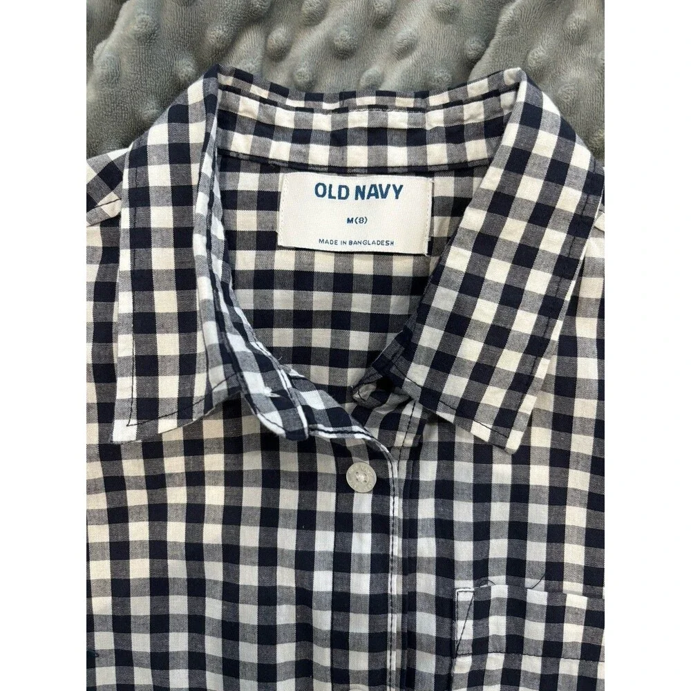 Old Navy Boys Black White Gingham Button Shirt Medium (8) Short Sleeve Cotton